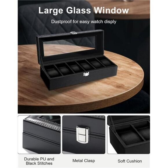 Uten Watch Box Glass Display Organizer 6 Slot PU Leather Case for Men Women - Picture 3 of 8